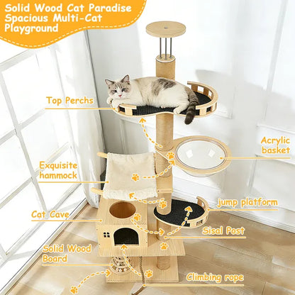 Floor To Ceiling Cat Tree, 6 Level Adjustable Height Climbing Tower With Thickened Scratching Posts, Cats Activity Center With Transparent Capsule And Cozy Hammock