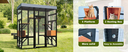 62.6" Black Wooden Catio for Cats, Large Cat Enclosure with Waterproof cover, 2 Napping House, Platforms & Galvanized Metal Wire – Secure Pet Cage Shelter