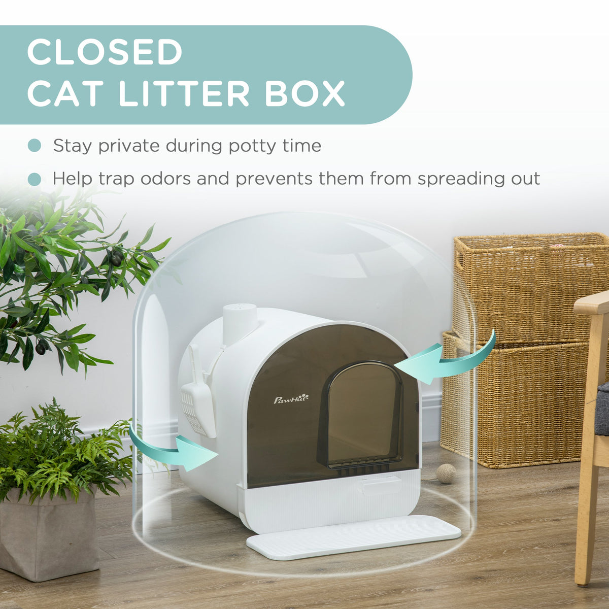 Cat Litter Box with Lid with Scoop and Filter, White