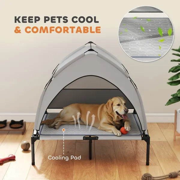 Elevated Dog Bed With Removable Canopy, Portable Outside Raised Pet Cot With Cooling Pad, Storage Bag