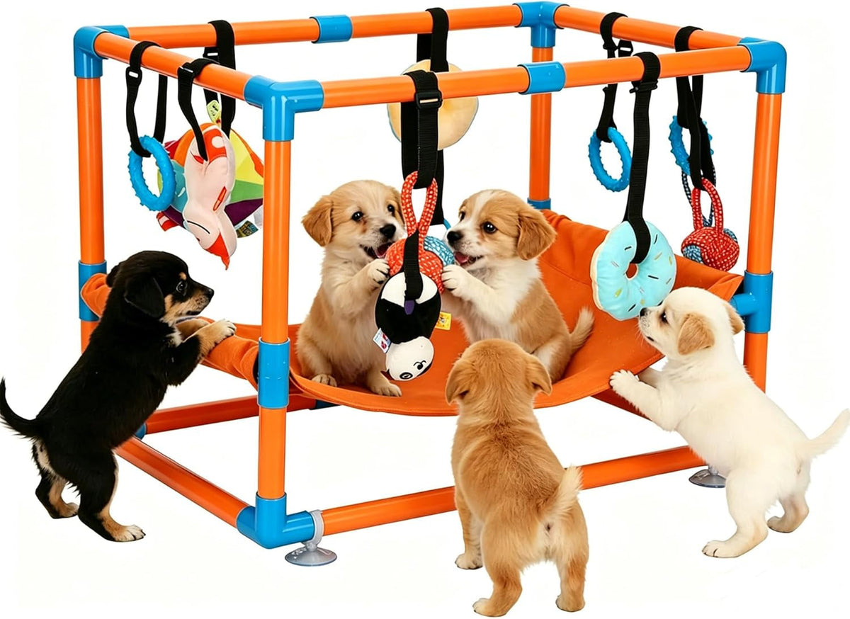 Indoor Puppy Play Gym with Hammock 8 Toys Dog Enrichment Activity Center