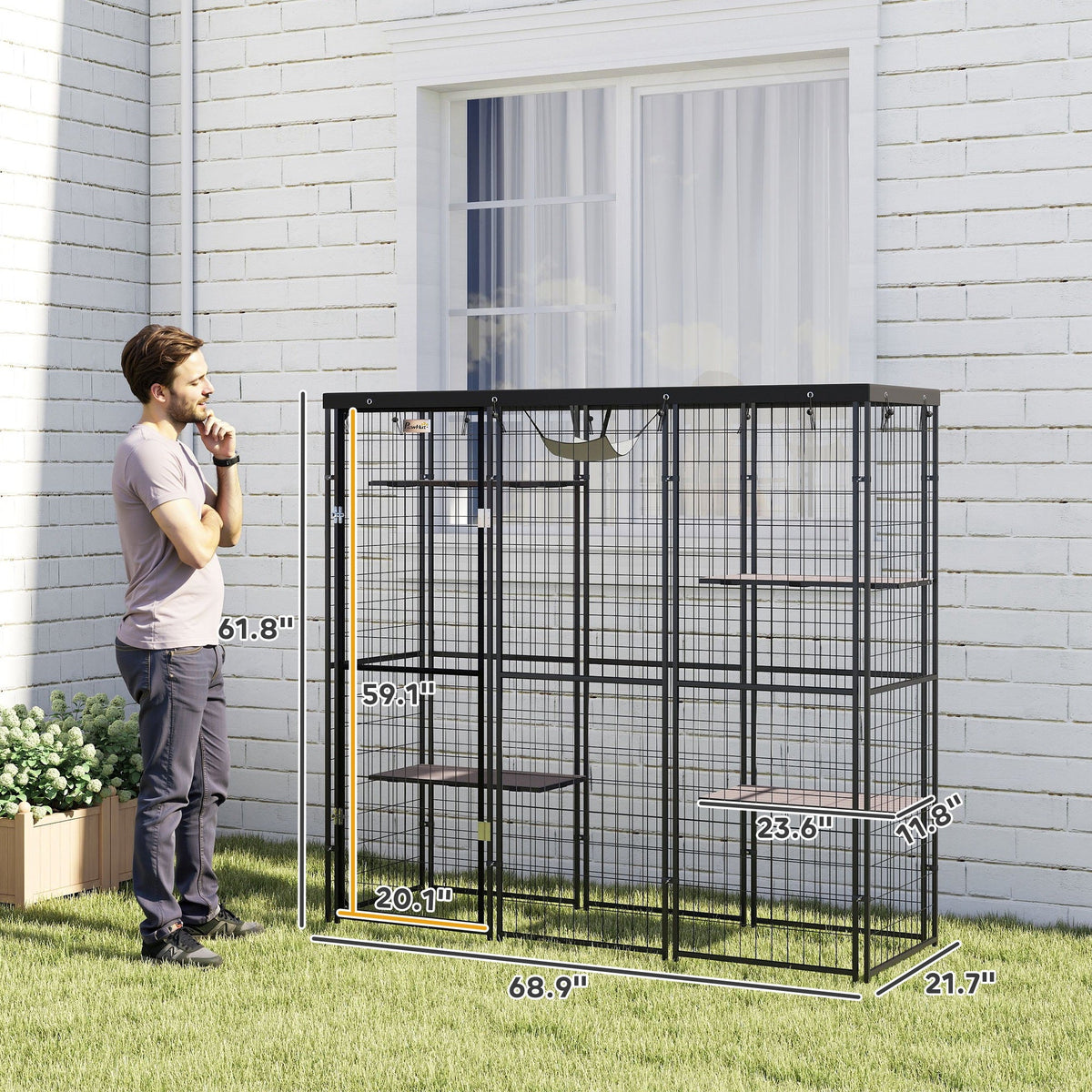 Weld Wire Catio Outdoor Indoor with Waterproof Cover, 4 Jumping Platforms, Hammock, for 1-3 Kittens, 69" x 22" x 62"
