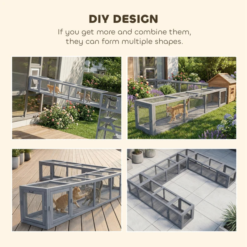 PawHut Wooden Cat Run With Weather Protection, Connecting Inside And Outside, Dark Gray
