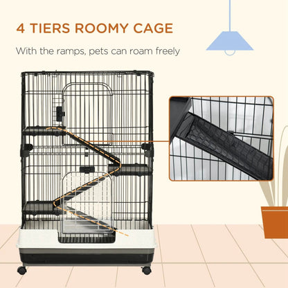 4-Level Small Animal Cage Rabbit Hutch With Universal Lockable Wheels, Slide-out Tray For Bunny, Chinchillas, Ferret, Black