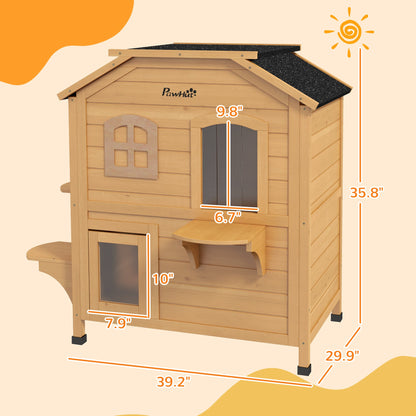 2-story Cat House Outdoor, Weatherproof Wooden Cat Enclosure for Feral Cats with Escape Door, Openable Roof, Jumping Platforms, Natural