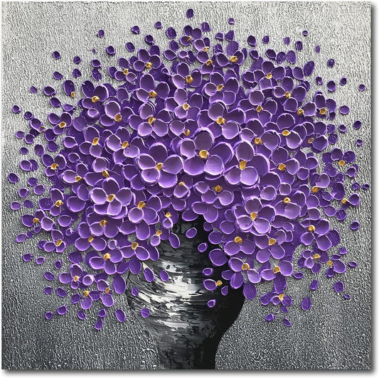 24x24 Hand-Painted Purple Flowers 3D Abstract Decorative Paintings, Wall Decorative Frame Wall Art, Modern Art Living Room Bedroom Office Hotel and Restaurant Wall Art