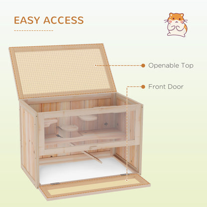 2-Level Hamster Cage Mice and Rat House, Small Animal Habitat for Guinea Pigs, Chinchillas with Openable Top, Front Door, Shelf and Ladder, Natural