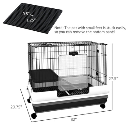 2-Level Small Animal Cage Rabbit Hutch with Wheels, Removable Tray, Platform and Ramp for Bunny, Chinchillas, Ferret, Black