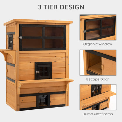 Outdoor Cat House, 3-Tier Kitty Shelter with 5 Escape Doors, Weather Resistant, Yellow & Black