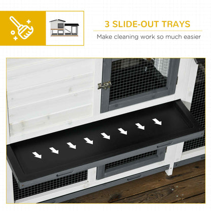 62" Rabbit Hutch, Wooden Bunny Hutch, Guinea Pig Cage, Small Animal Enclosure with Run Area, Removable Tray, Asphalt Roof, Lockable Doors and Ramp, for Rabbits, Chickens, Ducks, White