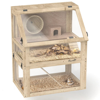 3 Tier Wooden Hamster Cage W Detachable Bottom, Hut, Seesaw, Exercise Wheel, Ramps