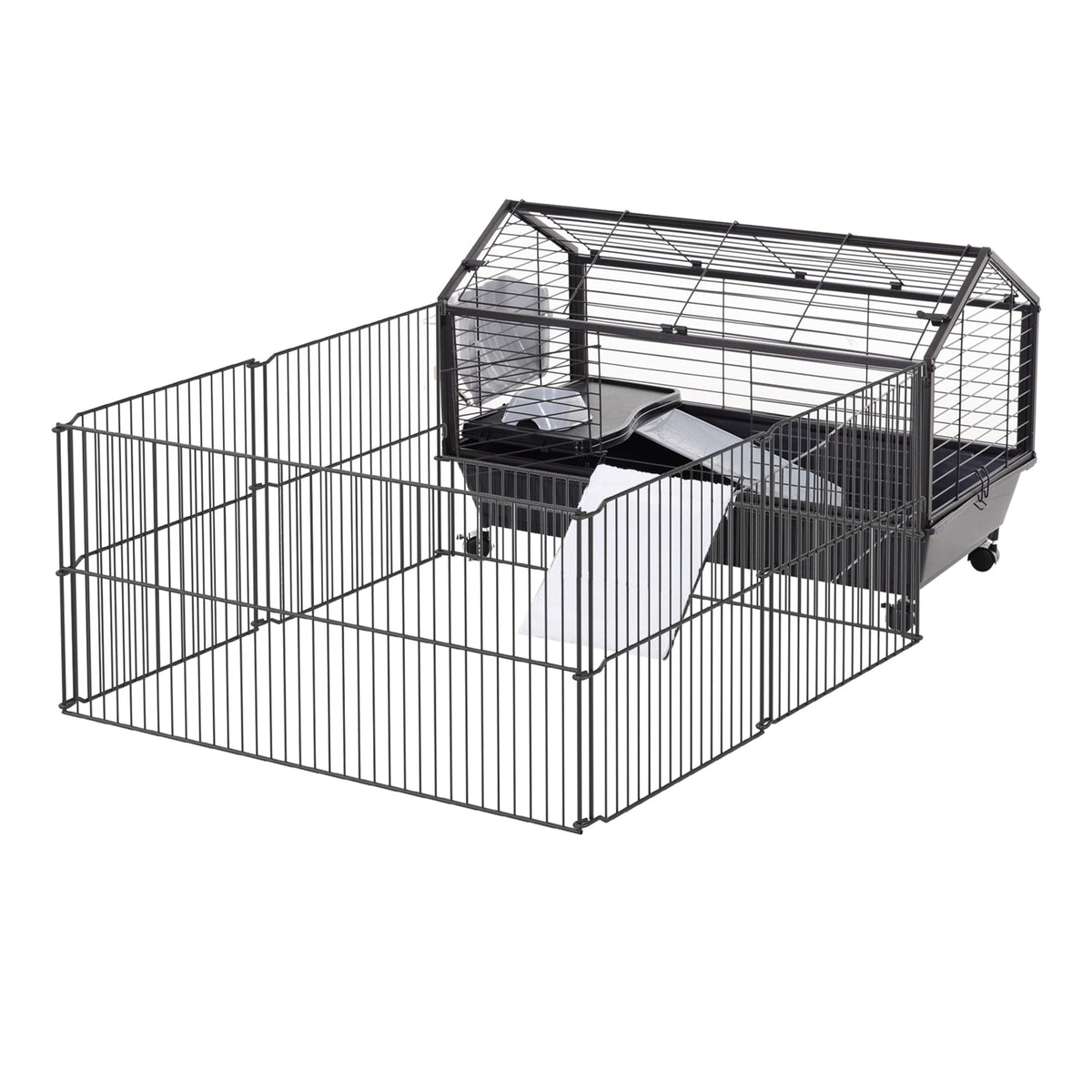 Rolling Metal Rabbit, Guinea Pig, or Small Animal Hutch Cage with Main House and Run