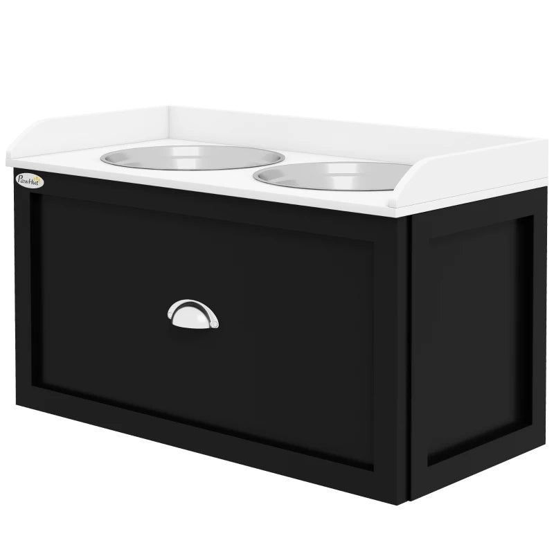 PawHut Pet Feeding Station Pet Dish Bowl Set With Storage, 2 Elevated Dog Bowls For Large Sized Dogs, White And Black
