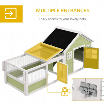 64 Inch Rabbit Hutch With Asphalt Roof, Handle, Wheels, Multicolo