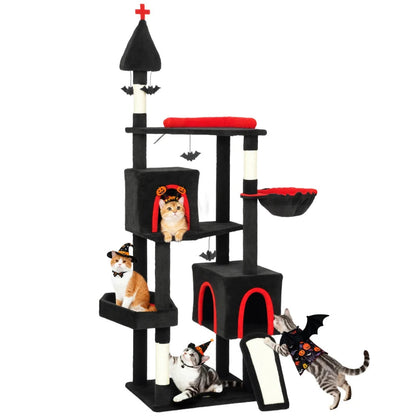 Gothic Cat Tree, Cat Tower With Coffin Bed, 2 Spacious Condos, Sisal Scratching Posts, Bat Hanging Balls, Halloween