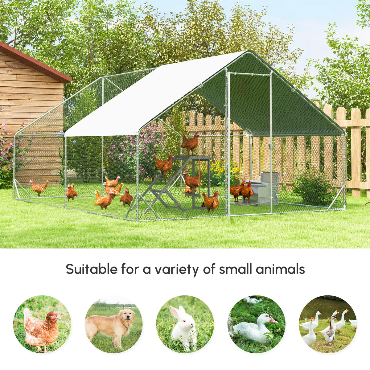 Large Chicken Coop Metal Chicken Run with Waterproof and Anti-UV Cover, Spire Shaped Walk in Fence Cage Hen House for Outdoor and Yard Farm Use, 1" Tube Diameter, 9.8 x 26.2 x 6.6