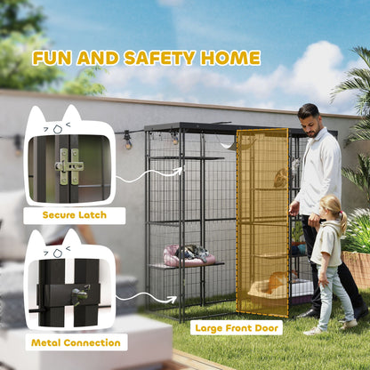 Weld Wire Catio Outdoor Indoor with Waterproof Cover, 4 Jumping Platforms, Hammock, for 1-3 Kittens, 69" x 22" x 62"