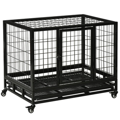 PawHut Heavy Duty Dog Crate With Removable Tray, Lockable Wheels And Double Door, For Medium And Large Dogs, Black