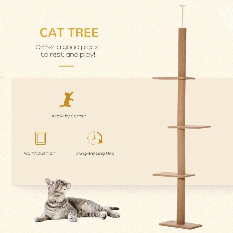 PawHut Floor-to-Ceiling Cat Tree Cat Climbing Tower With Sisal-Covered Scratching Posts Natural Cat Tree Activity Center For Kittens Cat Tower Furniture, Brown