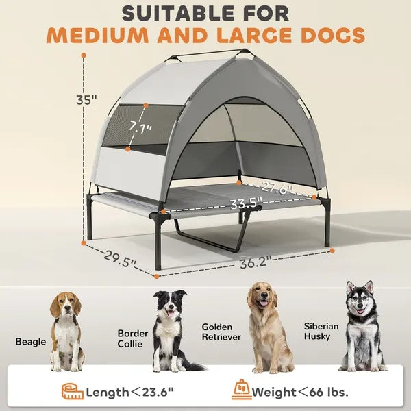 Elevated Dog Bed With Removable Canopy, Portable Outside Raised Pet Cot With Cooling Pad, Storage Bag