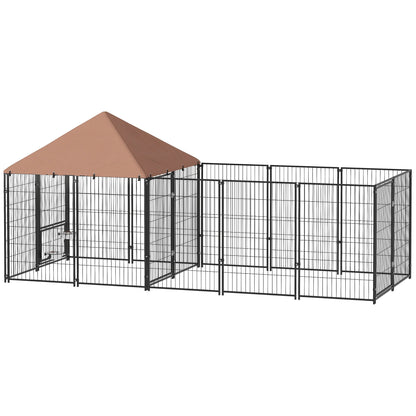 Large Outdoor Dog Kennel with Rotating & Adjustable Height Bowls, Waterproof & UV-Resistant Canopy, 11.3' x 4.7' x 5.1'