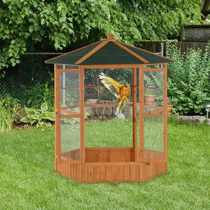 PawHut 69 Wooden Hexagonal Outdoor Aviary Flight Bird Cage With Covered Roof, BrownFor Multiple Packages, Please Pay Attention To The Detailed Dimensions And Weight Of Each Package.