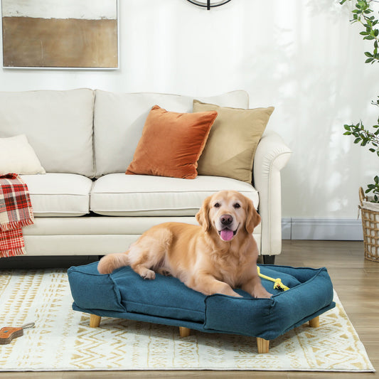 Raised Dog Couch with Comfortable Cushion, Pine Wood Legs, Foot Pads for Large-Sized Dogs Indoor Use, Dark Blue