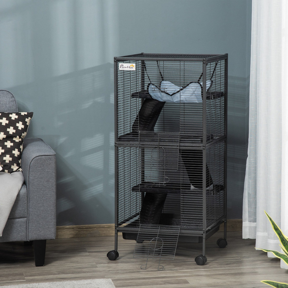 Metal Small Animal Cage Rolling Big Ferret Cage, Chinchilla Cage, Sugar Glider Cage, with Hammock & 4 Tiers, Removable Tray, Gray