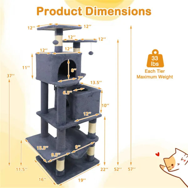57" Multi-Level Cat Tree For Multi-Cat Households, 2 Condos & Hammock With Sisal Scratching Posts-Gray