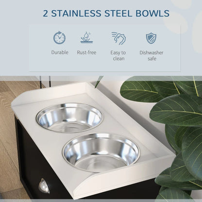 PawHut Pet Feeding Station Pet Dish Bowl Set With Storage, 2 Elevated Dog Bowls For Large Sized Dogs, White And Black