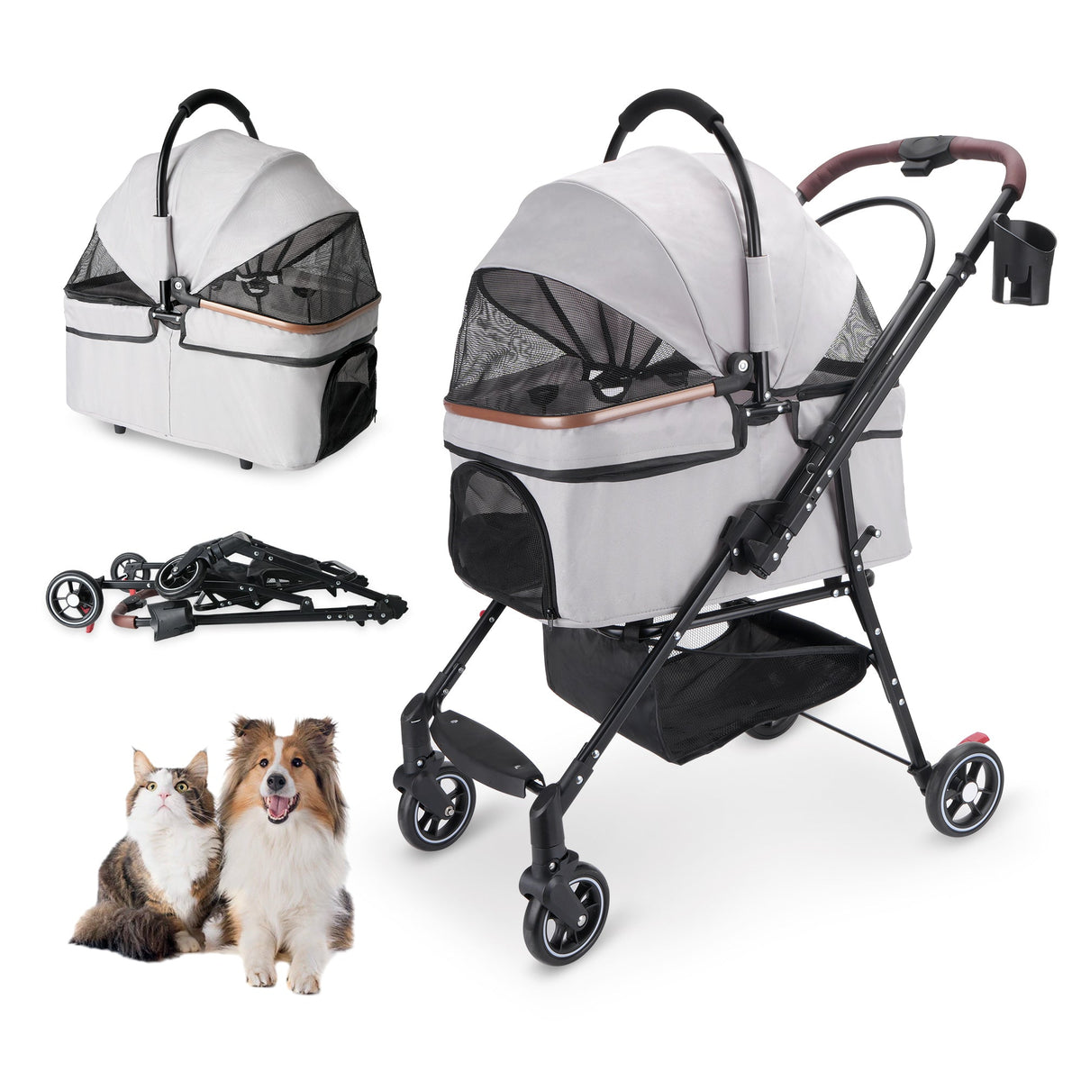 4-Wheel Foldable Pet Stroller for Dogs & Cats  360° Rotating Wheels, Separable Carrier & Travel Bag for Small Animals