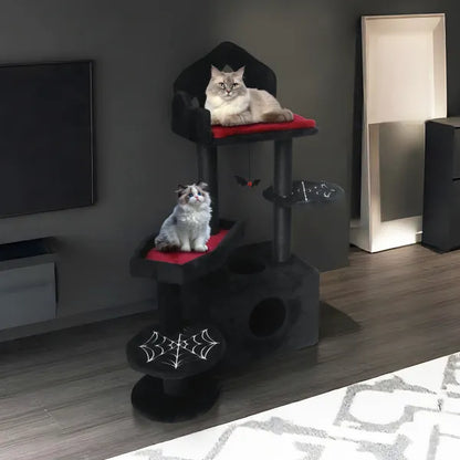 Black Gothic Cat Tree, Multi-Level Spooky Cat Tree With Scratching Posts, Perches, Hammock, And Cat Cave - Black Cat Tower For Indoor Cats With Interactive Toy, Perfect For Multiple Cats 44.5in