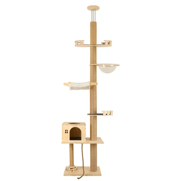 Floor To Ceiling Cat Tree, 6 Level Adjustable Height Climbing Tower With Thickened Scratching Posts, Cats Activity Center With Transparent Capsule And Cozy Hammock