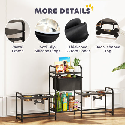 3 Height Adjustable Dog Bowl Stand with 2 Feeding Stations, Toy Bin Basket, Black