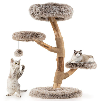 Multi-level Natural Pear Wood Cat Tree, Sisal Scratching Posts, Plush Balls, Long Plush Fabric