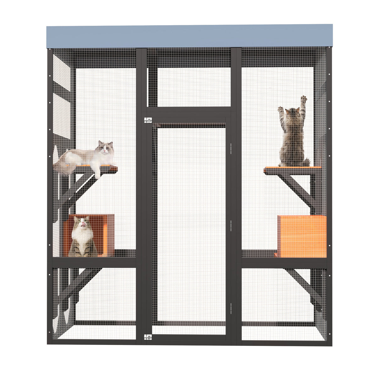 62.6" Black Wooden Catio for Cats, Large Cat Enclosure with Waterproof cover, 2 Napping House, Platforms & Galvanized Metal Wire – Secure Pet Cage Shelter