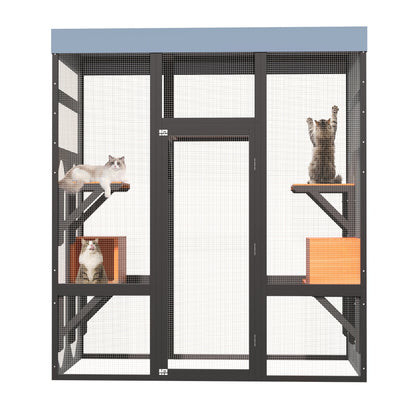 62.6" Black Wooden Catio for Cats, Large Cat Enclosure with Waterproof cover, 2 Napping House, Platforms & Galvanized Metal Wire – Secure Pet Cage Shelter