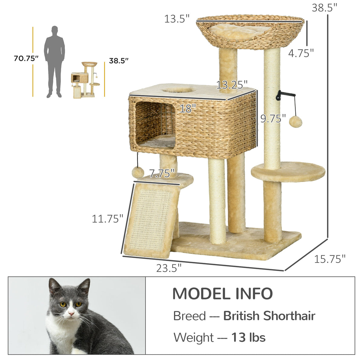 Cat Tree for Indoor Cats w/ Scratching Posts, Condo Cat Tower, Beige