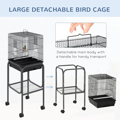 45-inch Metal Indoor Bird Cage, Parrot Cage, Bird Aviary with Detachable Rolling Stand, Storage Basket, and Accessories - Black