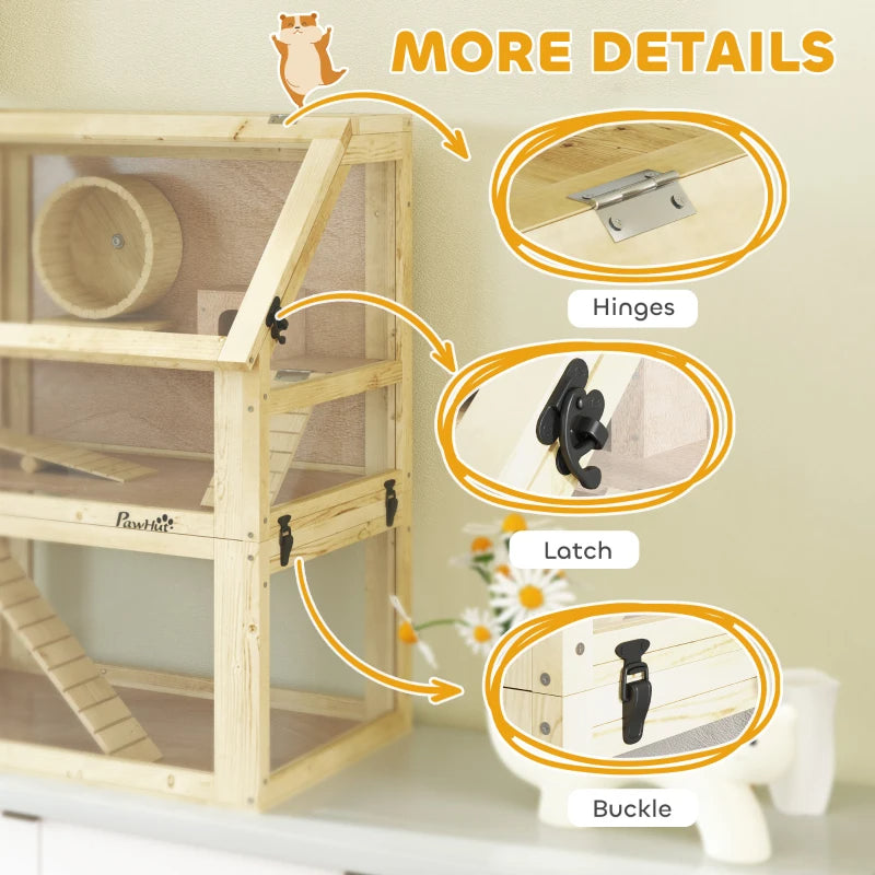 3 Tier Wooden Hamster Cage W Detachable Bottom, Hut, Seesaw, Exercise Wheel, Ramps