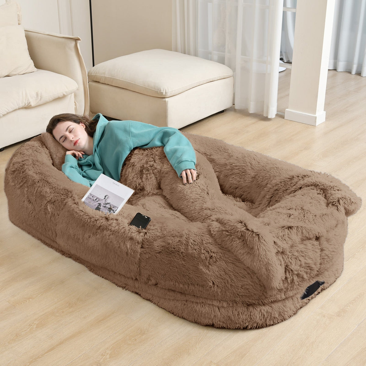 Oversized Human Dog Bed For Adults & Pets, 71 In X45 In X 12 In Ultra Soft Faux Fur Lounger, Washable Floor Bed With Orthopedic Support, Pillow & Blanket Included For Cozy Rest