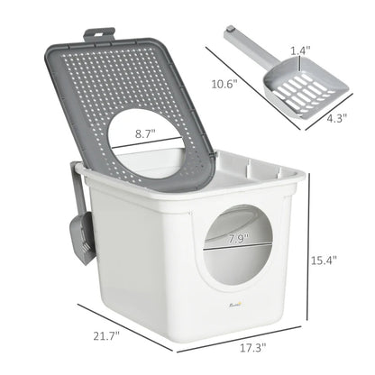 Covered Cat Litter Box, Easy Cleaning Kitty Litter Box With Front Entrance, Top Exit, Scoop, For Odor Control, White