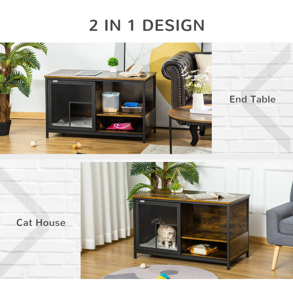 Wooden Cat Crate, Furniture Style Dog Cage, Puppy Kennel Indoor, End Table Pet House with Cushion and Sliding Doors, Rustic Brown