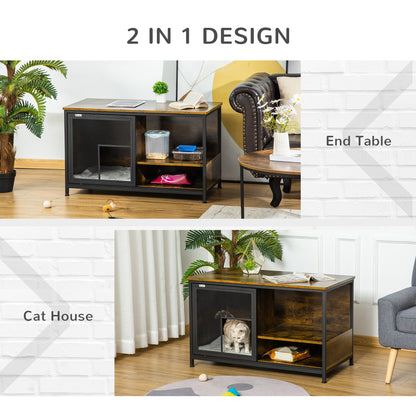 Wooden Cat Crate, Furniture Style Dog Cage, Puppy Kennel Indoor, End Table Pet House with Cushion and Sliding Doors, Rustic Brown