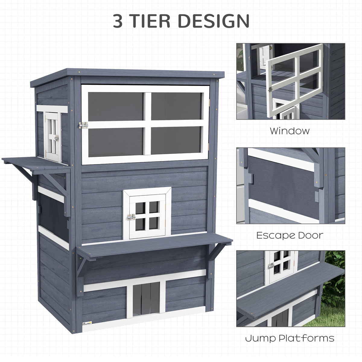 Cat House, Outdoor 3-Tier Kitty Shelter, Weather Resistant, w/ Escape Door