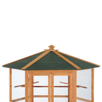 PawHut 69 Wooden Hexagonal Outdoor Aviary Flight Bird Cage With Covered Roof, BrownFor Multiple Packages, Please Pay Attention To The Detailed Dimensions And Weight Of Each Package.