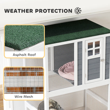 74" Wooden Catio Outdoor Cat Enclosure Weatherproof & Wheeled, Outside Cat House with High Weight Capacity, Kitten Cage Condo, White
