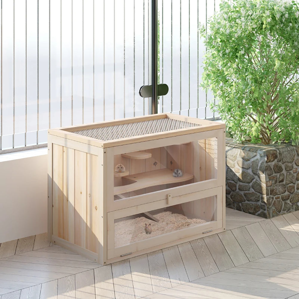 2-Level Hamster Cage Mice And Rat House,  With Openable Top, Front Door, Shelf And Ladder  For Hamsters, Mice And Other Small Rodents Ramps