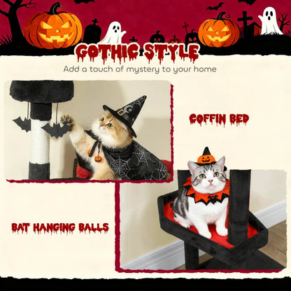 Gothic Cat Tree, Cat Tower With Coffin Bed, 2 Spacious Condos, Sisal Scratching Posts, Bat Hanging Balls, Halloween