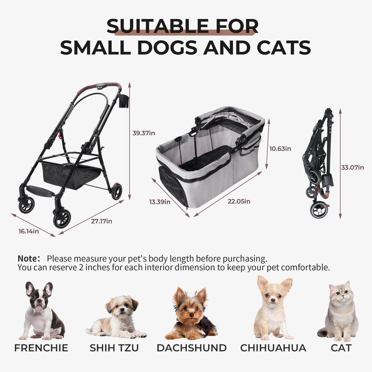 4-Wheel Foldable Pet Stroller For Small Dogs & Cats - 360 Rotating Wheels, Detachable Carrier & Travel Bag Included